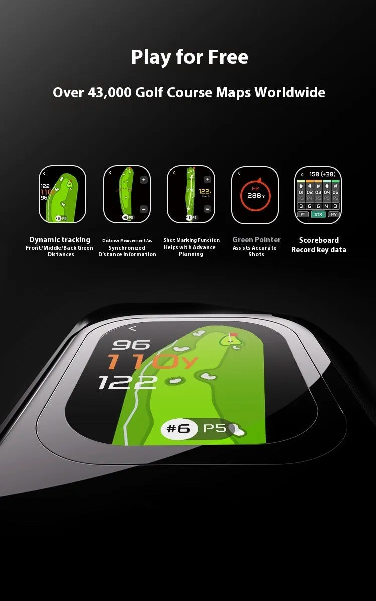 Black GPS golf rangefinder with AMOLED touch screen showing distance measurement display