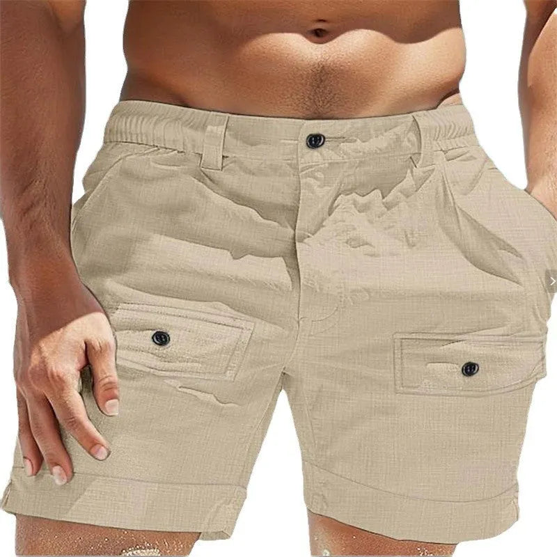 Men's straight leg linen shorts with elastic waistband and button pockets in khaki colour