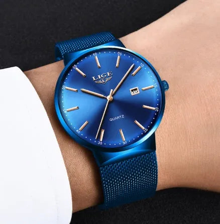 Men's stainless steel wristwatch with 40mm dial in black, blue, or two-tone colour options.