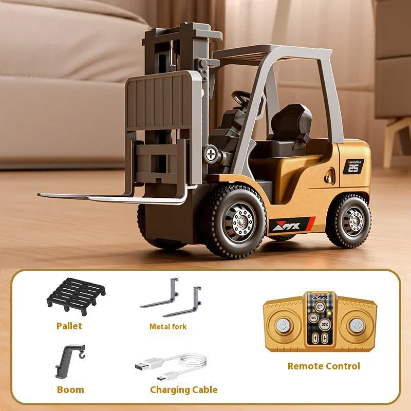 Bluetooth remote controlled 1:64 scale alloy forklift model toy with cargo forks and pallet.