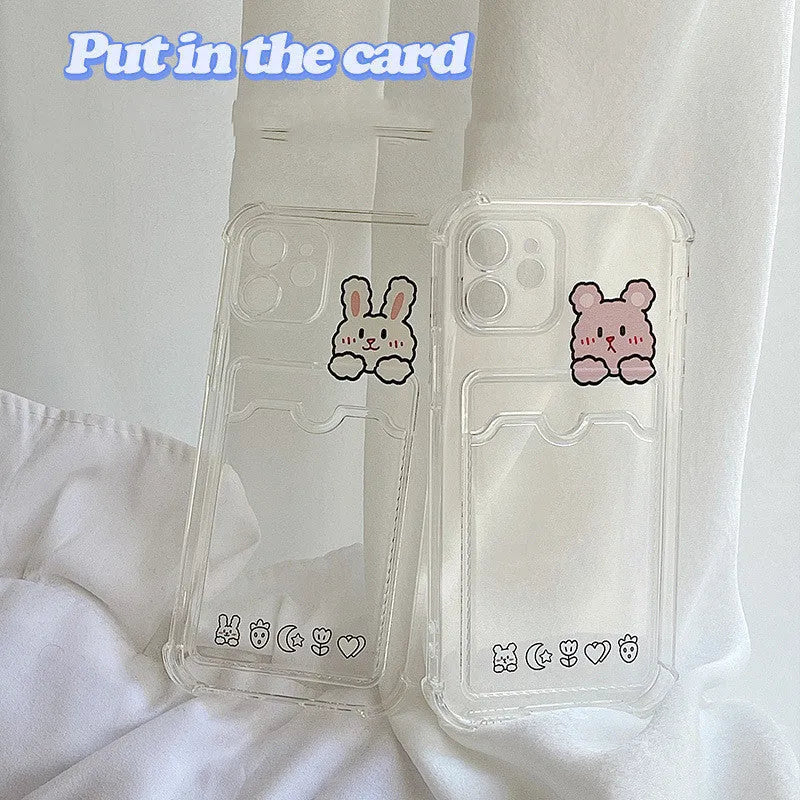 Cartoon design transparent iPhone case with a card slot on the back, compatible with multiple iPhone models.