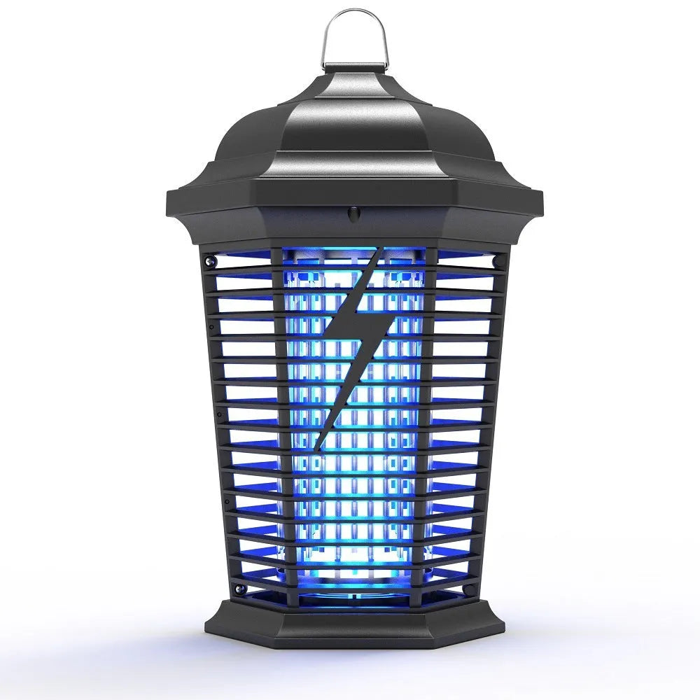 Black outdoor mosquito catcher with UV lamp and electric shock grid for patio and garden insect control
