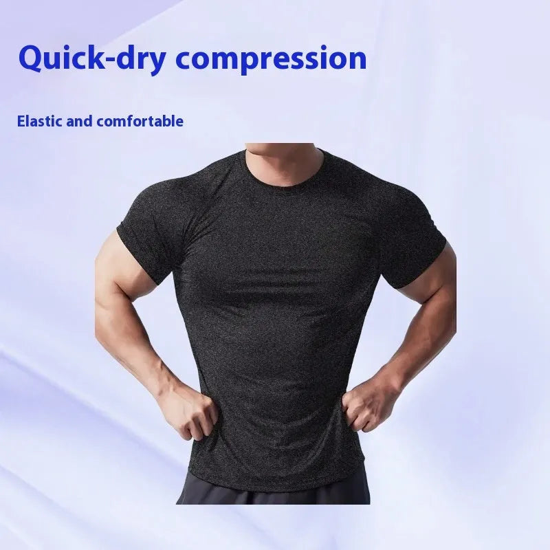 Men's black quick-drying stretch running T-shirt with round neck and short sleeves