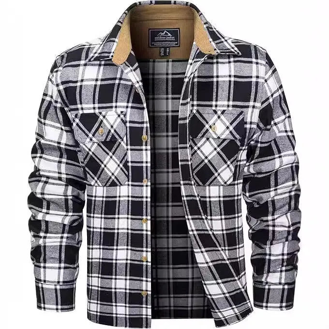 Man wearing a plaid flannel button-down shirt in a cardigan style for winter casual wear.