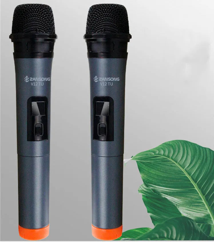Black ZanSong V12 handheld dynamic microphone with USB receiver, audio cable, and adapter.