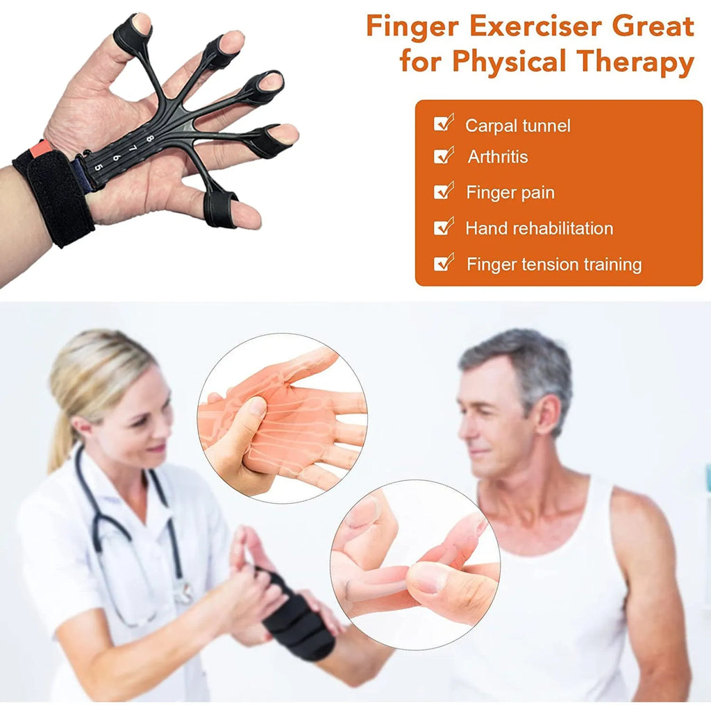 HLX silicone finger tension trainer with puller, tension ropes, and adjusting belt for hand exercises.