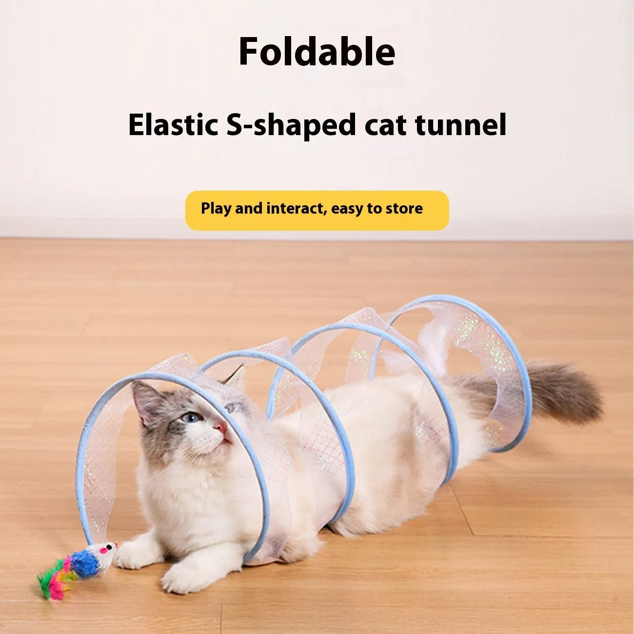 Collapsible cat tunnel toy with feather teaser and steel wire frame for indoor pet play