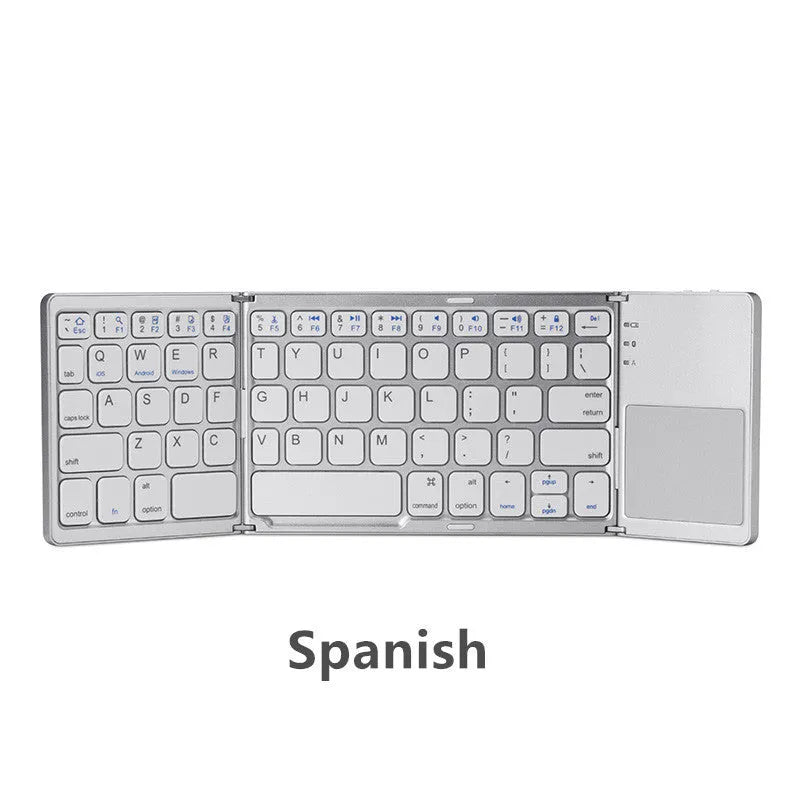 Black tri-fold portable Bluetooth keyboard with touchpad, shown folded and unfolded next to a smartphone.