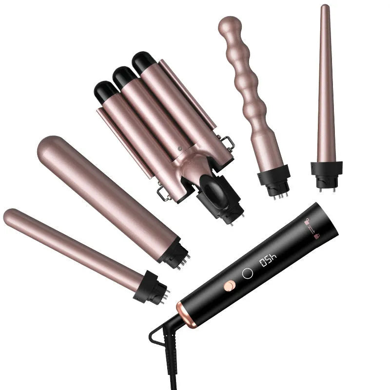 Rose gold multifunction hair curler with five tube attachments and LCD display screen
