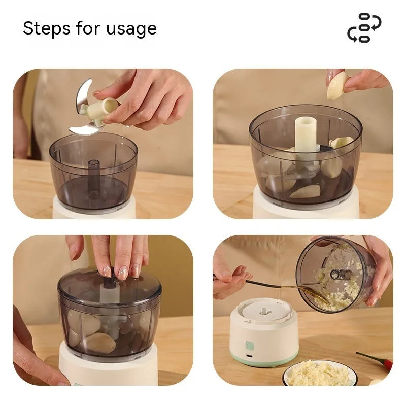 White or light green USB rechargeable mini electric meat grinder with transparent cup on anti-slip pad.