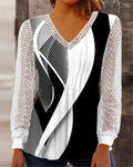 Women's loose V-neck lace top in purple with long sleeves, shown on a hanger.