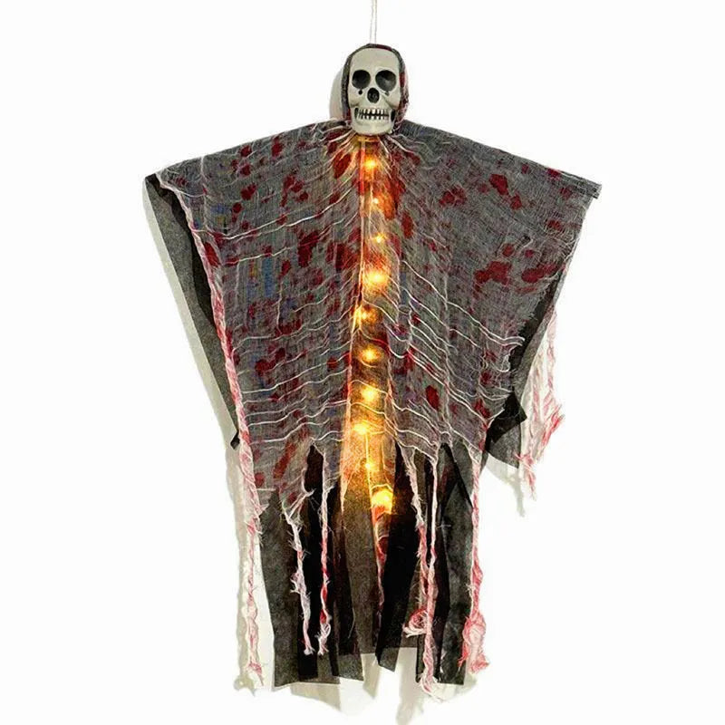 Plastic Halloween decoration showing luminous hanging ghost with blood-dyed skull design