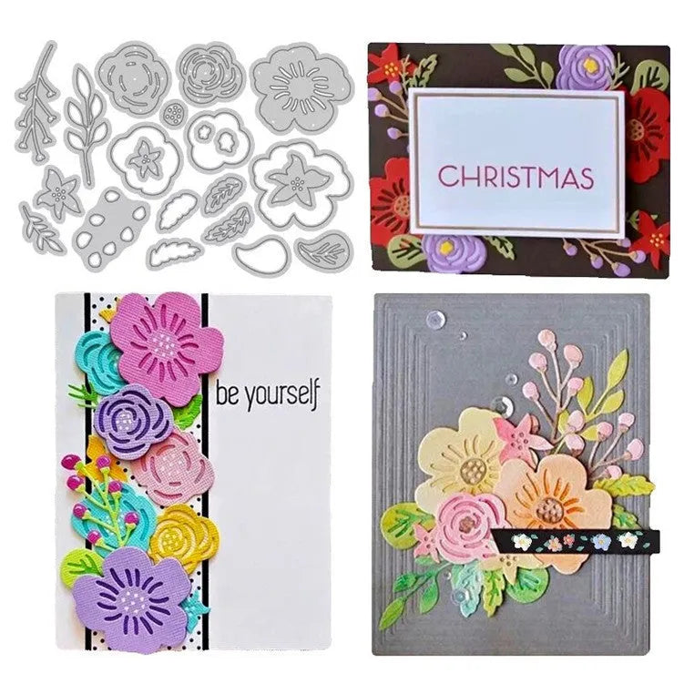 Silver carbon steel paper cutting die with floral plant design measuring 14.3 by 9.9 cm
