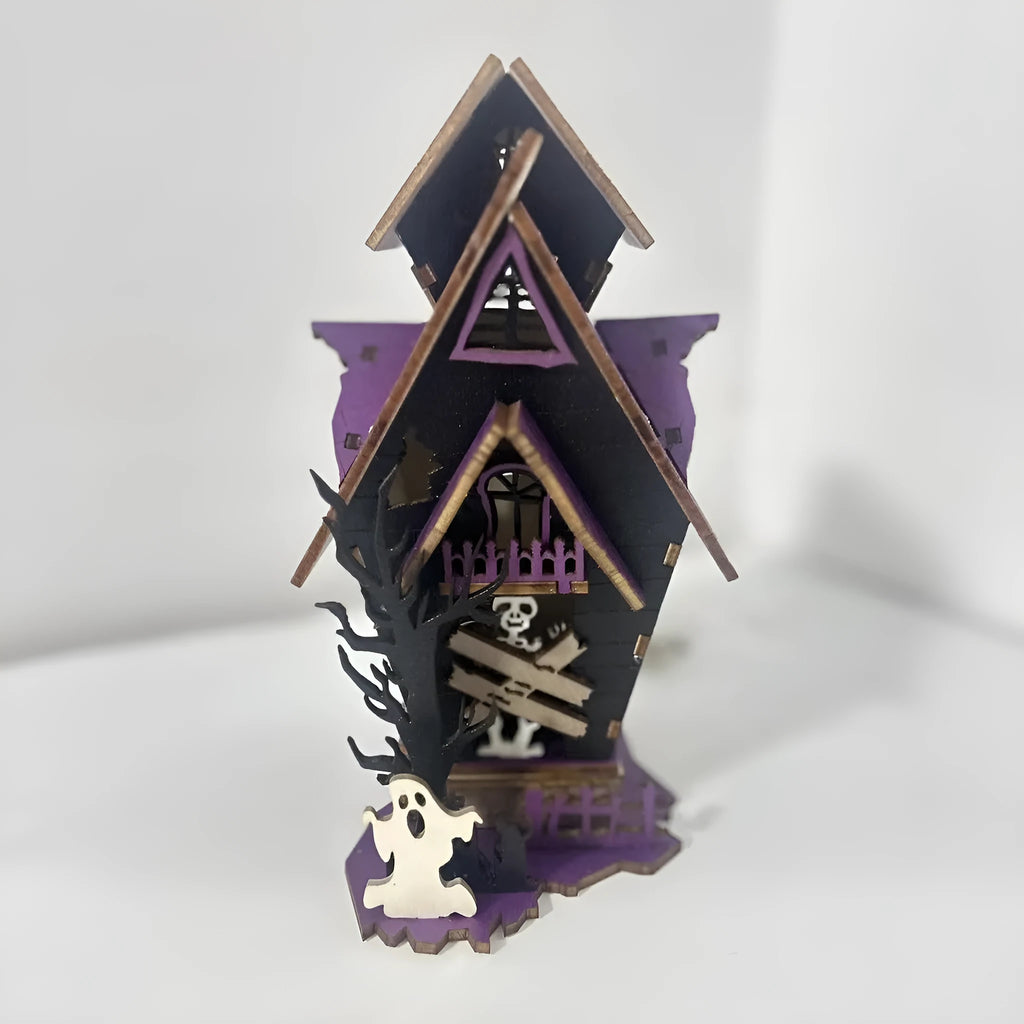 DIY wooden glowing haunted house Halloween decoration and candlestick holder, unassembled craft kit.