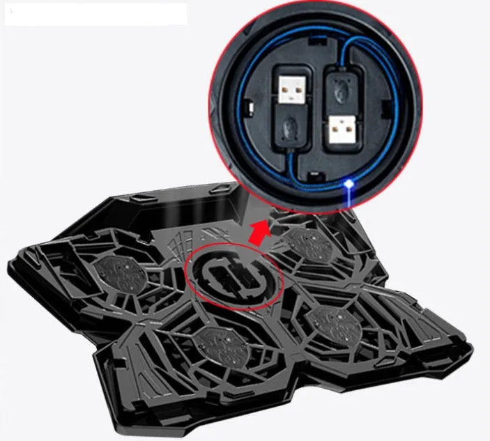 Blue laptop cooling base showing four illuminated LED fans and two USB ports on the front edge.