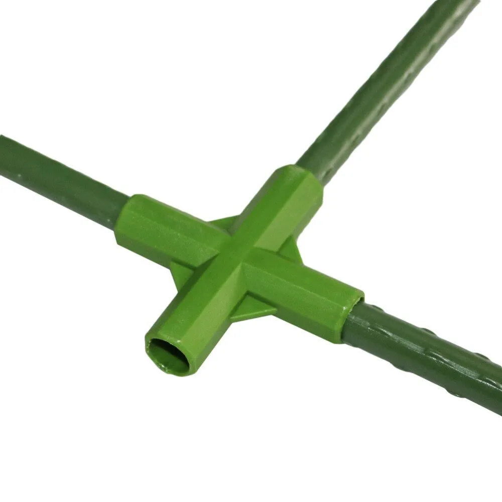 Two white plastic plant support connectors, one three-way and one four-way, for 11mm garden poles.