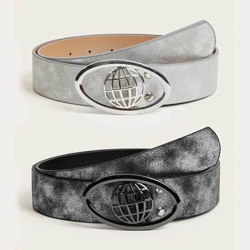 Women's decorative belt with oval alloy buckle in thick PU leather retro style