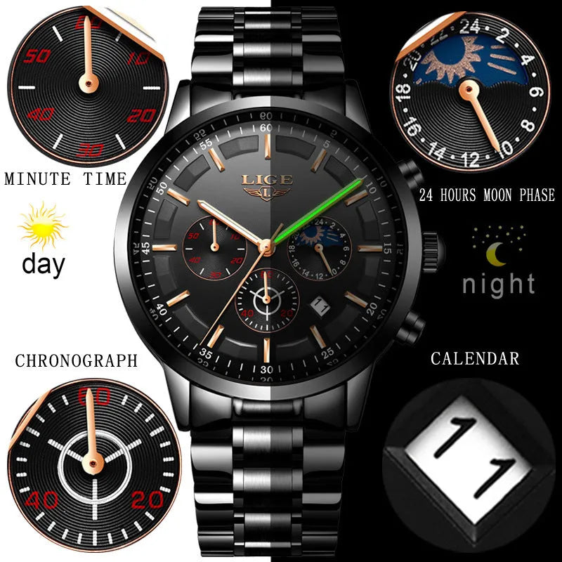 Men's quartz sports watch with Black and Rose Red Gold colour combination showing 12mm thickness