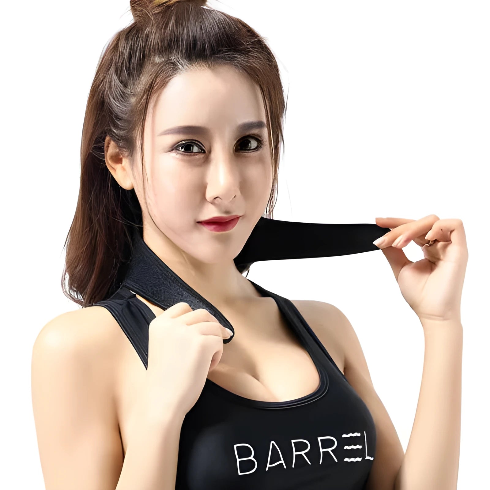 Black self-heating magnetic therapy neck guard with an adjustable shoulder strap laid flat.