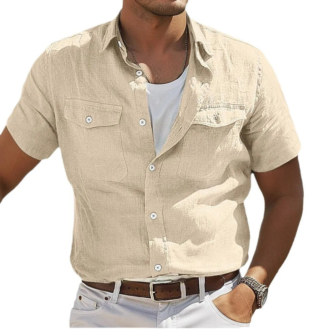 Men's loose-fit cotton cardigan shirt in a solid colour with polo collar and long sleeves.