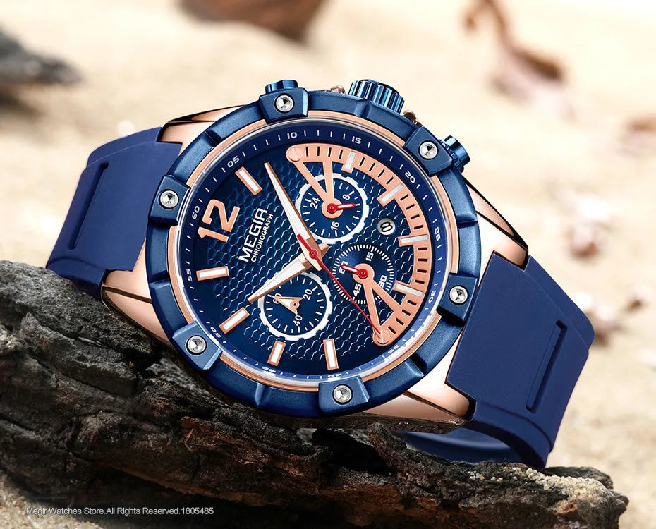 Men's fashion watch with 48mm case, 26mm band, luminous hands, chronograph and date display.