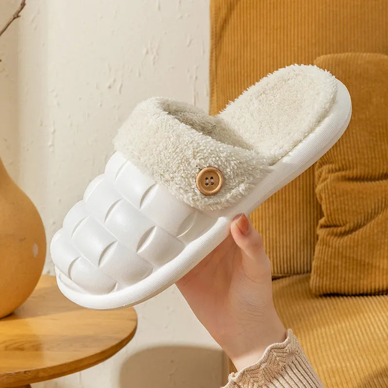 Plaid detachable slippers with plush lining and a textured EVA sole, shown in pink.