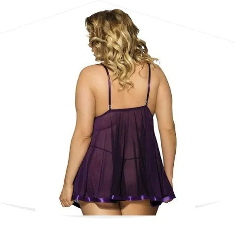 Women's purple lace sleepdress with mesh panels in 6XL size showing seamless construction