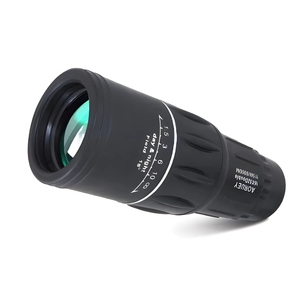 Black 16x52 monocular telescope with 52mm objective lens and waterproof body