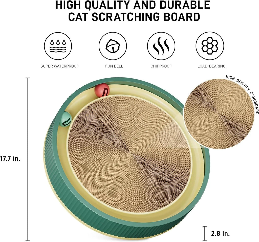 Large circular cat scratching board with interactive ball toys and replaceable cardboard core