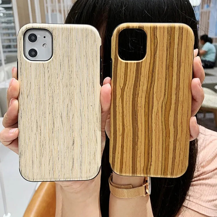 Wooden iPhone case with natural wood grain back cover showing rosewood, teak, black rose, and walnut colour options
