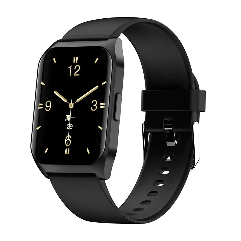 Black smart watch with 1.69-inch screen showing heart rate display on silicone wristband