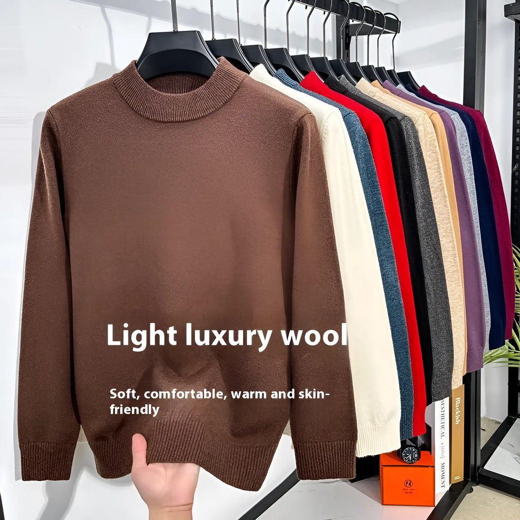 Men's solid colour half turtleneck wool pullover showing fine yarn knit construction