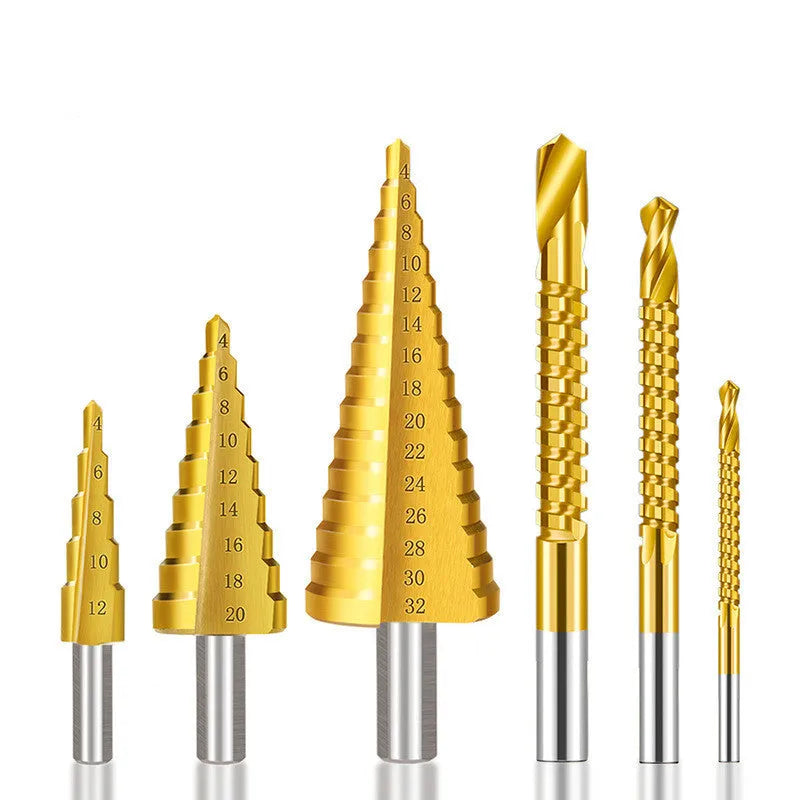 High speed steel step drill bit and centre punch set for drilling metal, wood, and plastic.