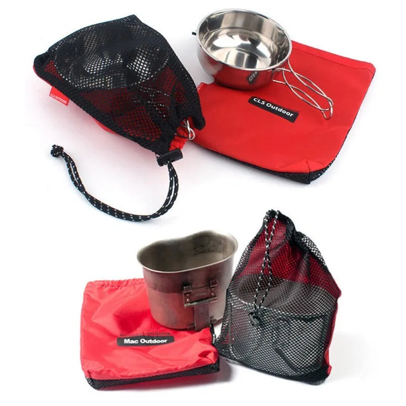 Five red Oxford cloth storage bags with mesh panels and zipper closures for travel organisation