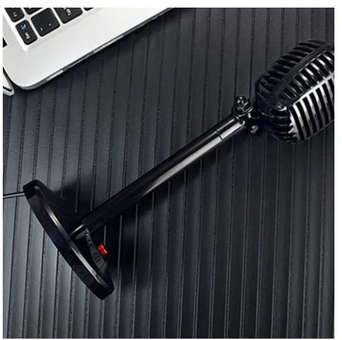 Black USB computer microphone with adjustable stand on weighted base