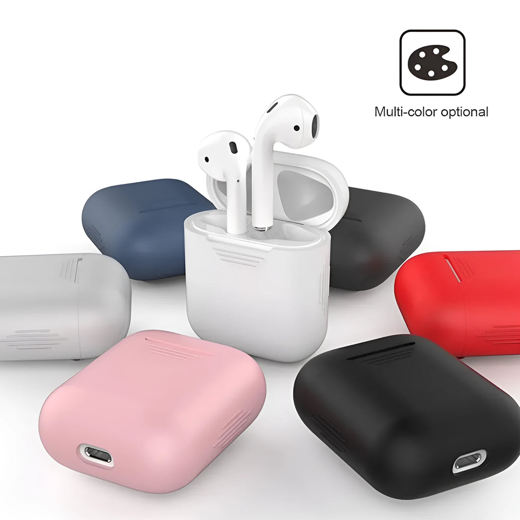Silicone and TPU shockproof protective case for Apple AirPods in various colours.
