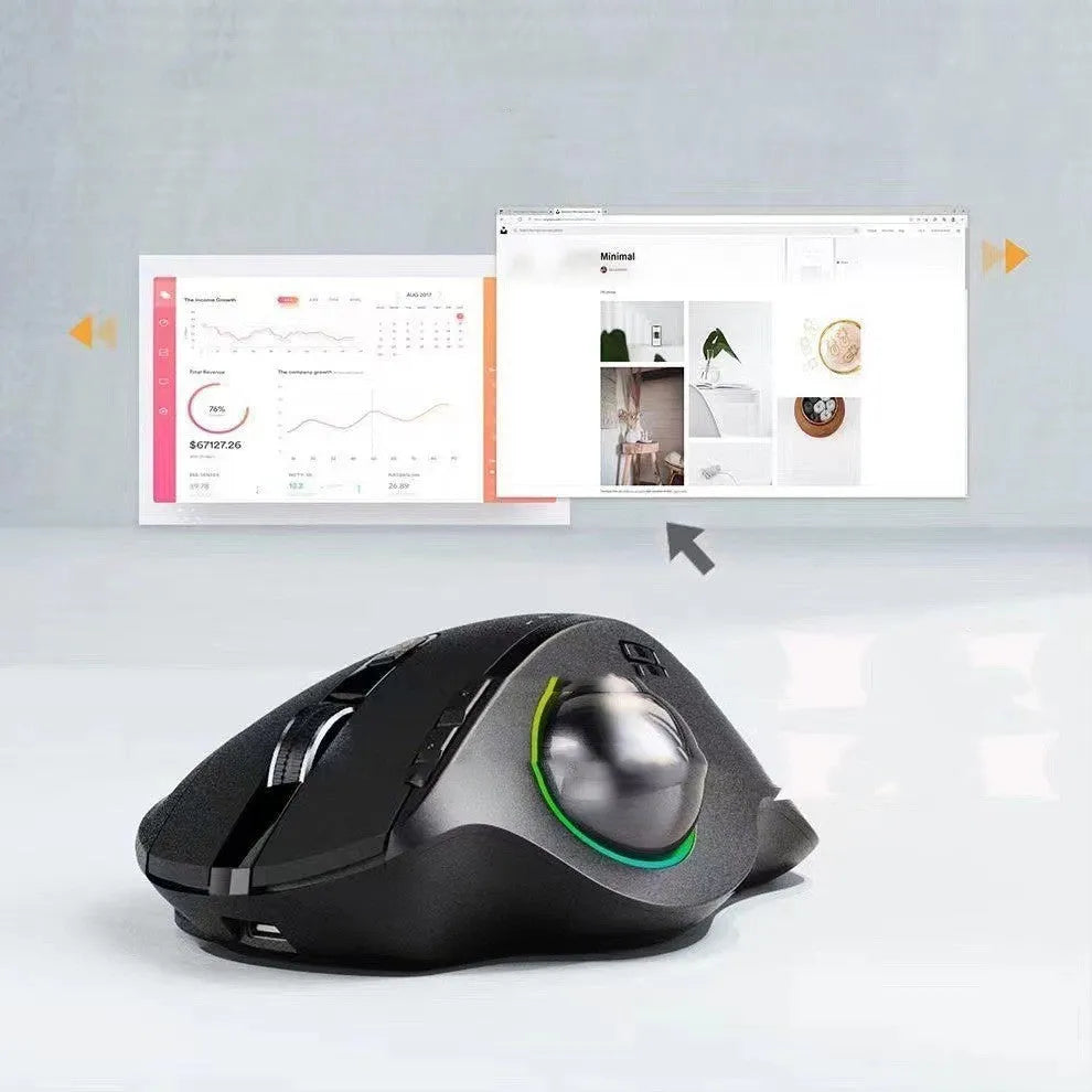 Black wireless trackball mouse, rechargeable 2.4G Bluetooth dual-mode, 13x20x6cm, 2400 optical resolution