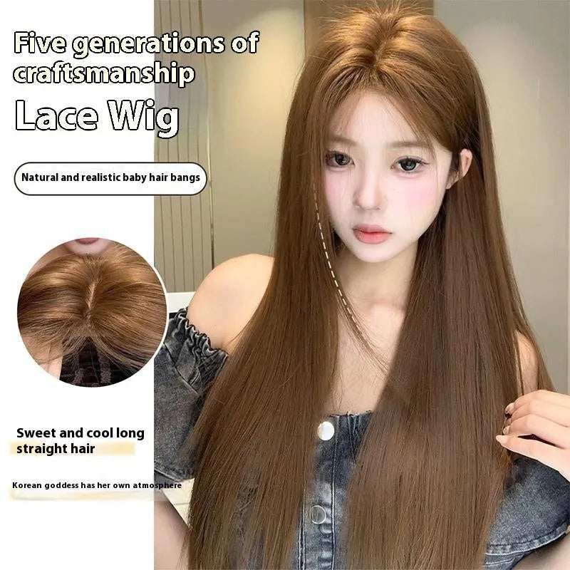 Warm brown long straight lace front wig with centre-parted bangs and side bangs.