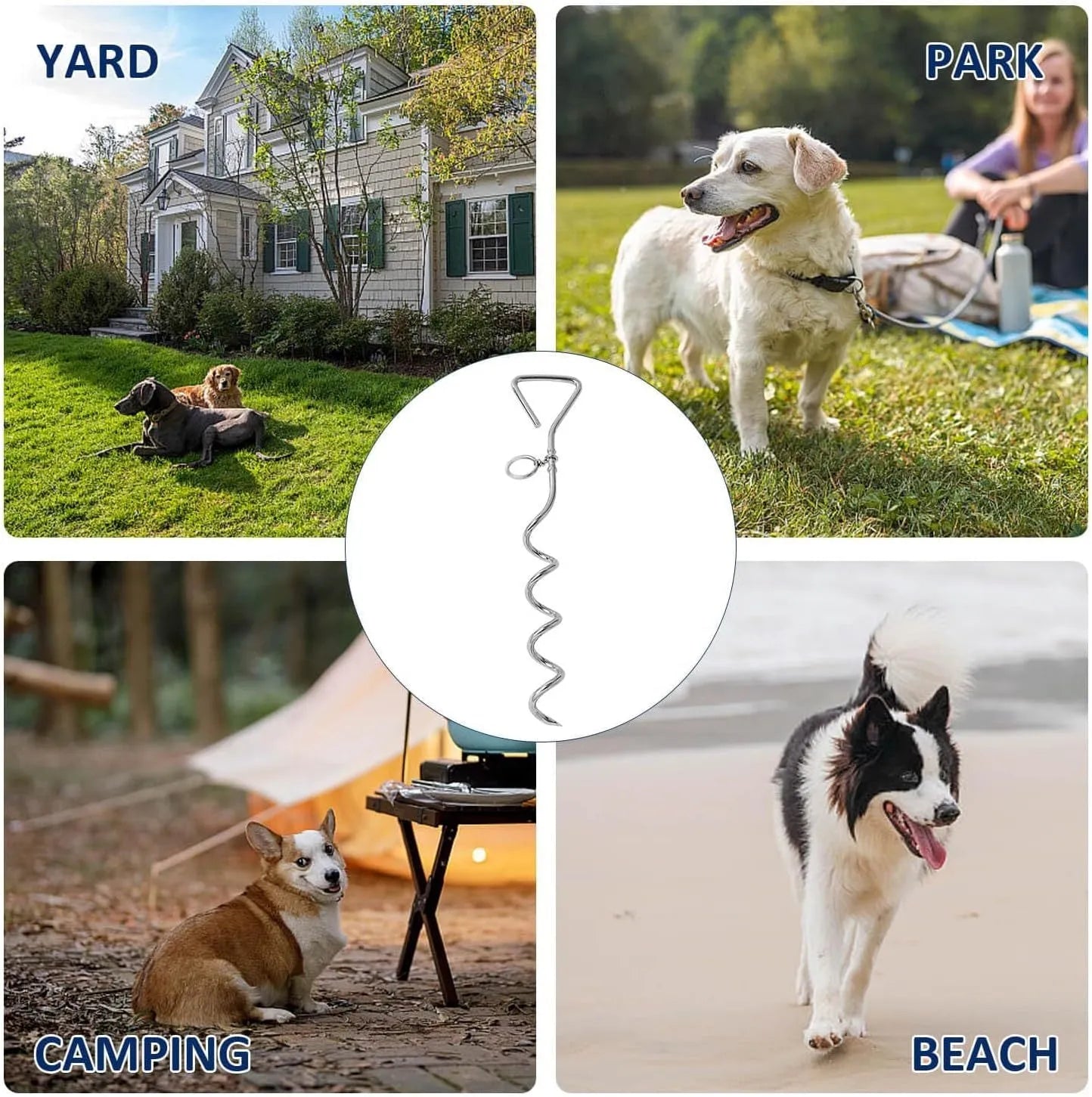 Silver spiral dog tie out stake made of solid steel for secure ground anchoring