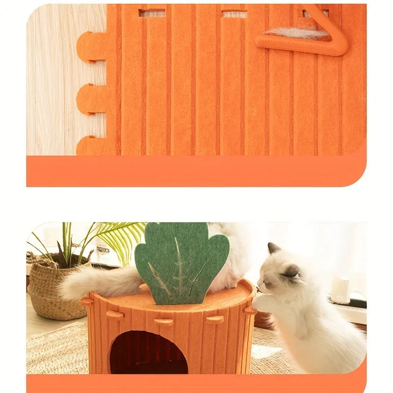 Orange felt carrot-shaped cat nest tunnel with a circular entrance hole, shown in two size options.