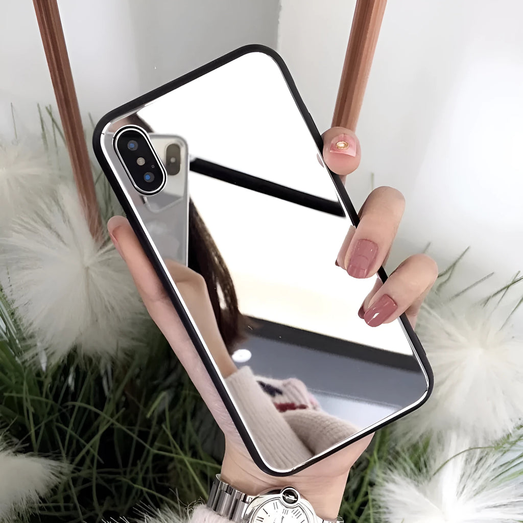 Black iPhone back cover case with a reflective mirror surface on the back, compatible with iPhone 7 Plus, 8 Plus, and X models.