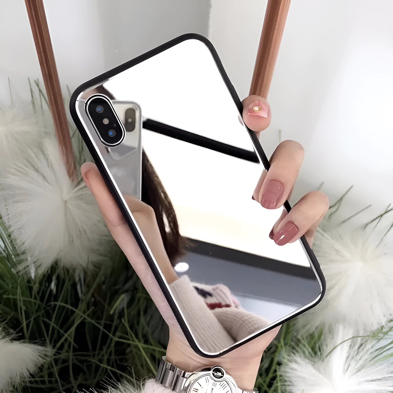 Black iPhone back cover case with a reflective mirror surface on the back, compatible with iPhone 7 Plus, 8 Plus, and X models.