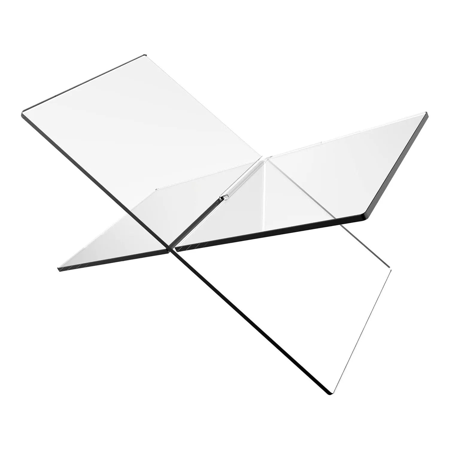 Clear acrylic X-shaped book reading rack holding a book on a desk