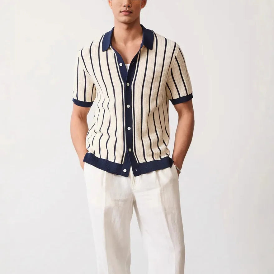Men's white knitted short-sleeve shirt with lapel collar and asymmetrical British style design