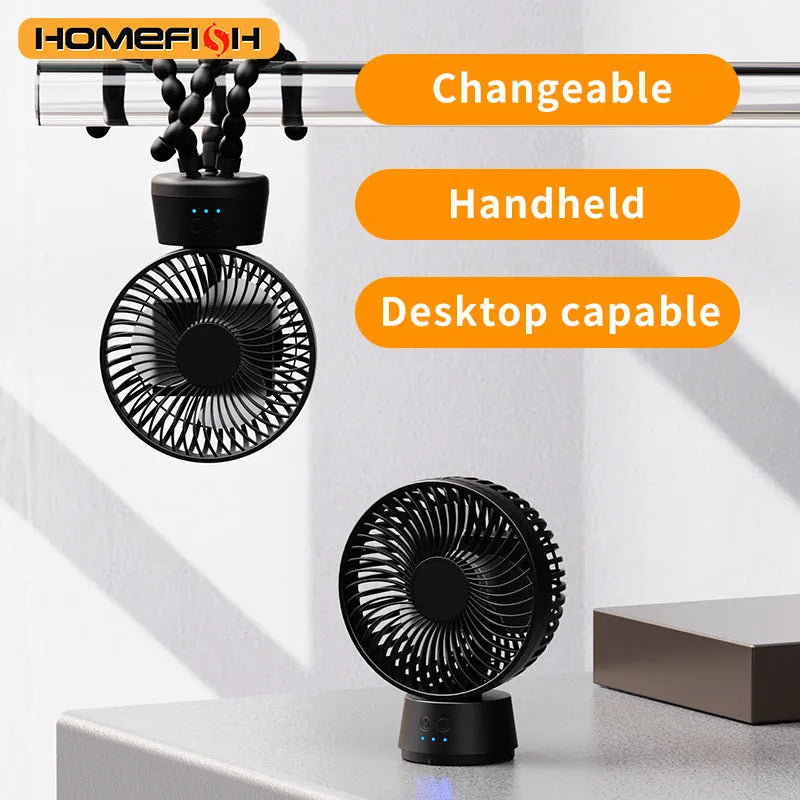HOMEFISH portable fan with bracket, showing F1 and F2 models with removable mesh and LED light.