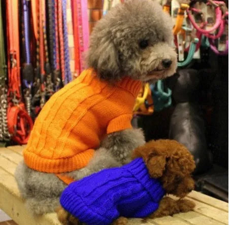 Knitted wool dog sweater with fabric buttons, available in eight colours and sizes XS to XXL