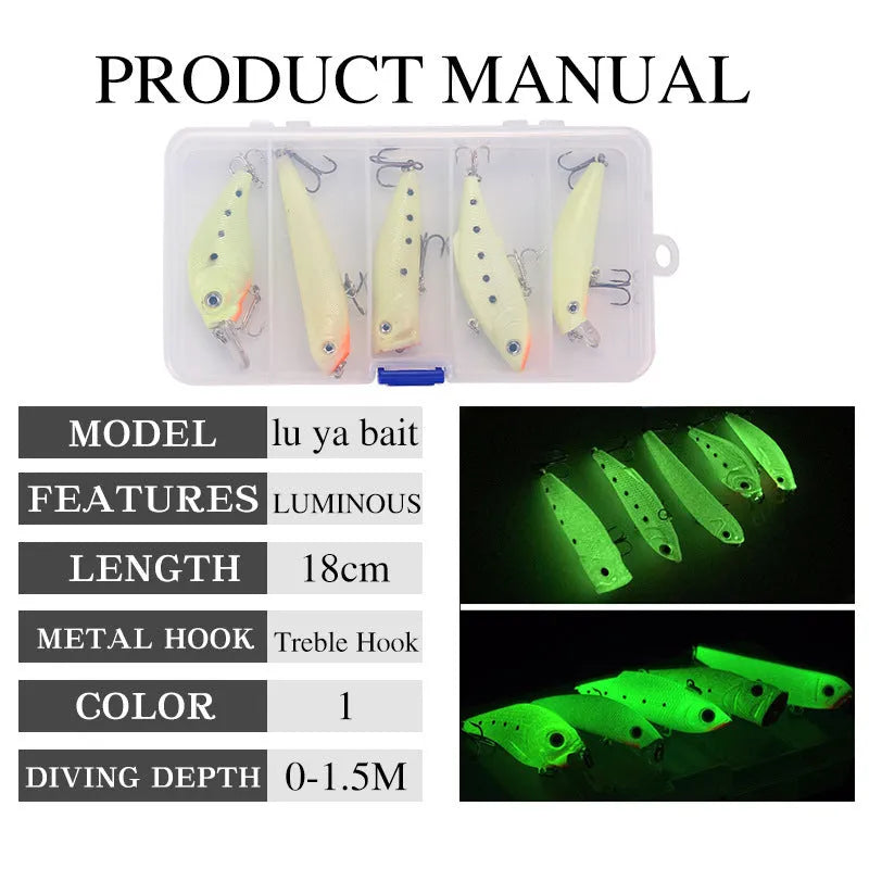 Five 3D fluorescent hard bait fishing lures with luminous design in boxed packaging