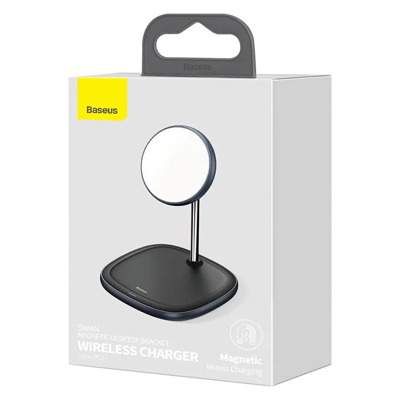 Swan magnetic desktop wireless charger stand for iPhone 12 in black colour with Type-C cable