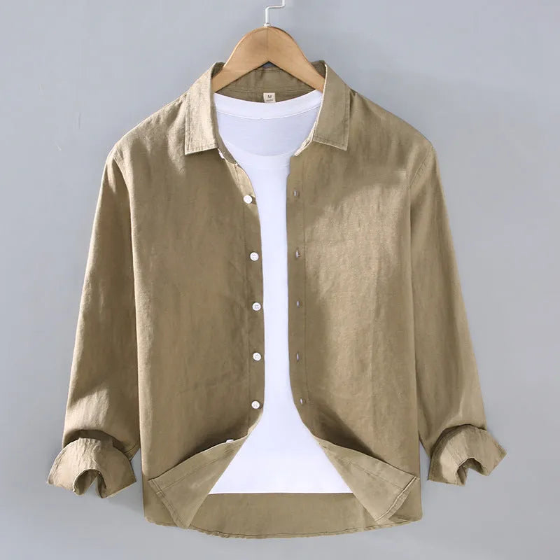 Men's pure linen casual shirt in a cardigan style, shown in a solid colour with long sleeves.
