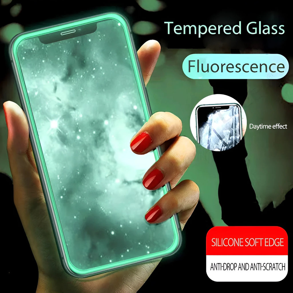 Luminous full cover tempered glass screen protector for iPhone showing glowing edge in dark.